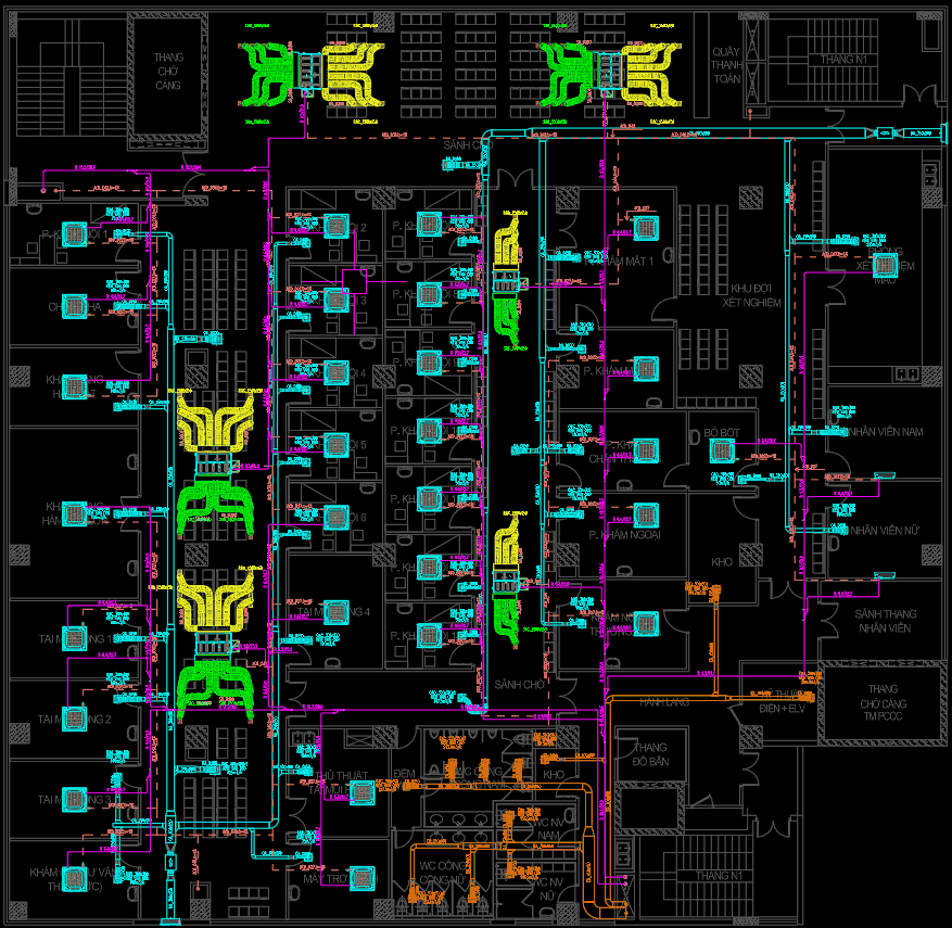 Màn hình AutoCAD: mặt bằng bệnh viện với hệ ống gió và FCU do DOMI AI vẽ tự động
