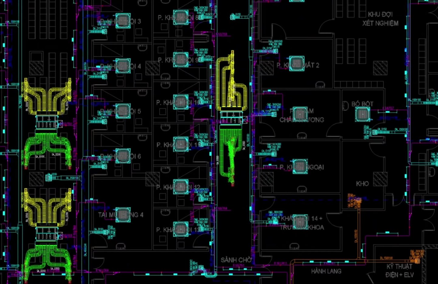 Màn hình AutoCAD: mặt bằng bệnh viện với hệ ống gió và FCU do DOMI AI vẽ tự động