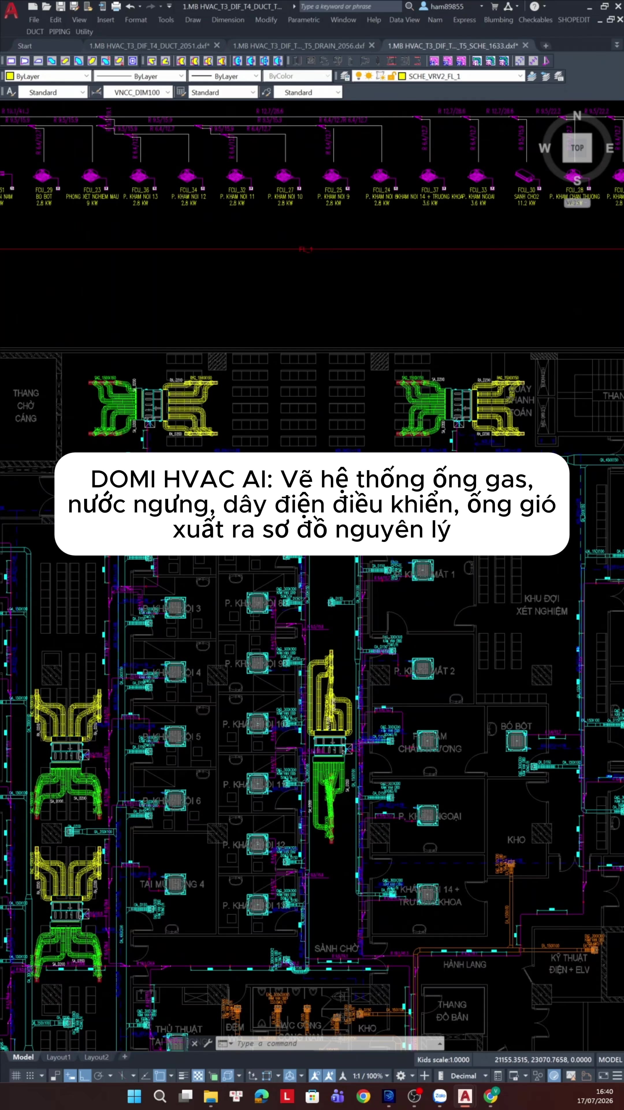 Màn hình AutoCAD trong video demo DOMI HVAC AI trên dự án bệnh viện